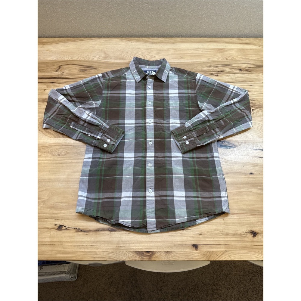 The North Face Button Shirt Men Medium Green brown Plaid Cotton Pocket Casual